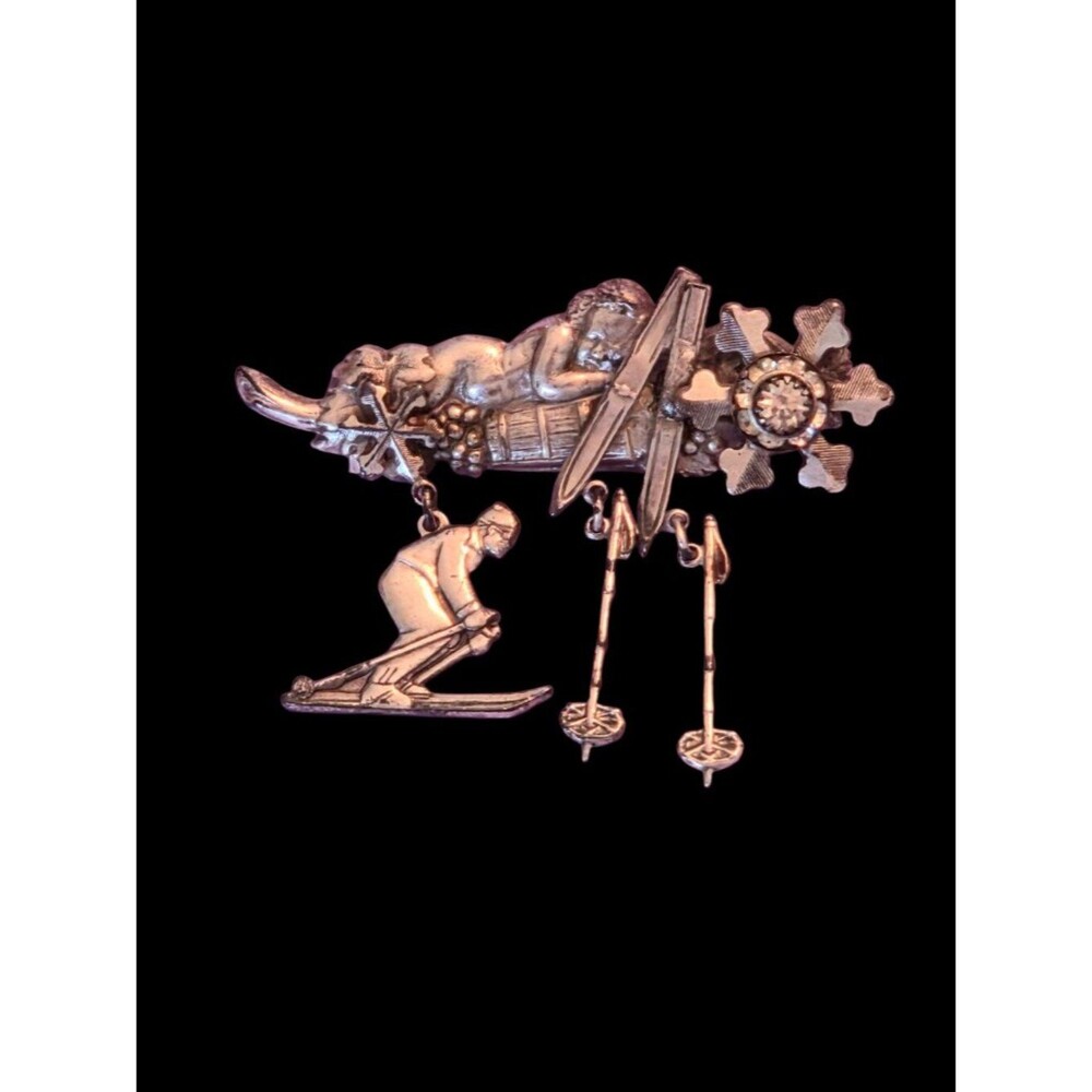 Vintage Kirks Folly Winter Skiing Cherub Silvertone Dangle Charm Brooch 1990s